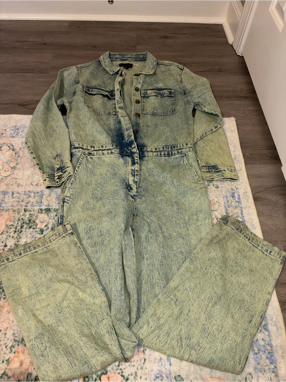 Vintage-Inspired Acid Wash Green Denim Jumpsuit